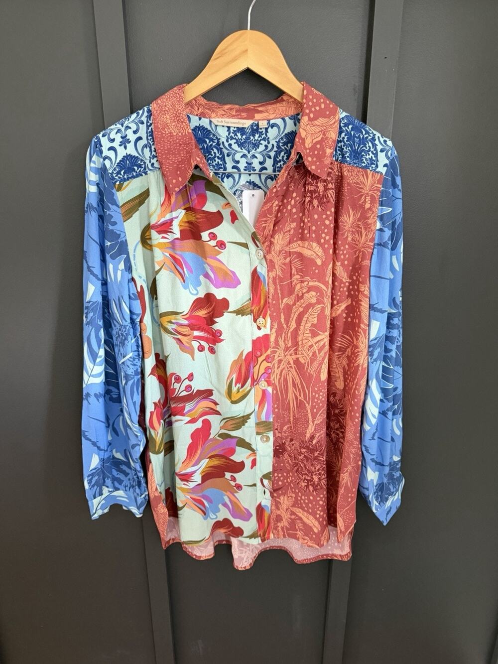 NEW Soft Surroundings Large Hermosa Tunic Button Up Womens Mixed Print Blouse